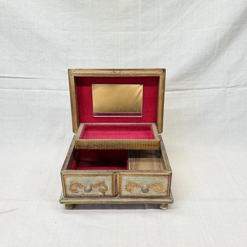 Vintage Italian Florentine Jewelry Box Gold Gilt Wood Red Velvet Mirror Trinket